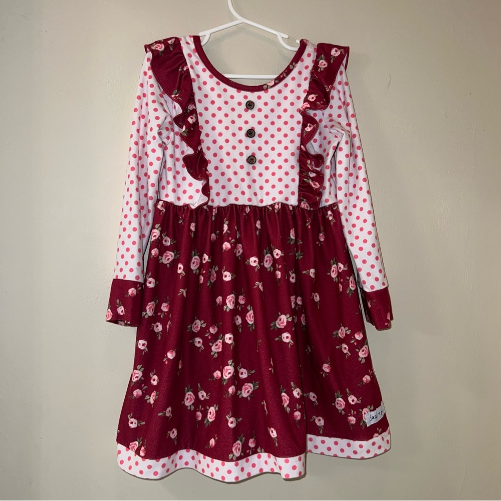 Jane + Jo Burgundy Floral & Pink Polka Dot Ruffle Dress